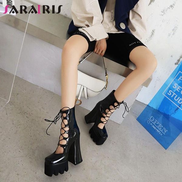 

sarairis solid lace up square toe platform pumps women high heel cool fashion punk ladies shoes dress, Black