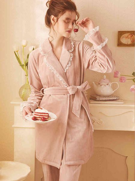

women's sleepwear woman winter pajamas robe sets 3pcs pijama women pyjamas romantic comfortable rt3m, Black;red