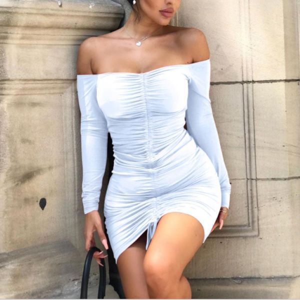 

casual dresses 2021 fashion bodycon dress long-sleeved pleated backless off shoulder solid bag hip elegant streetwear, Black;gray