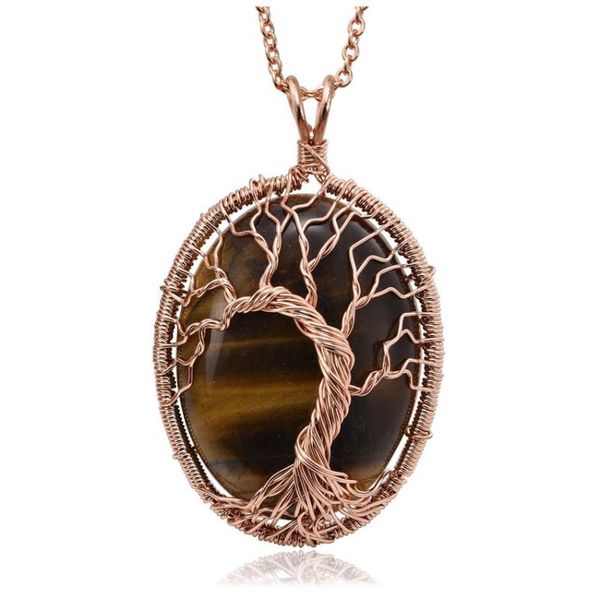 

rose gold color wire wrap oval shape tiger eye stone pendant link chain necklace green aventurine jewelry necklaces, Silver