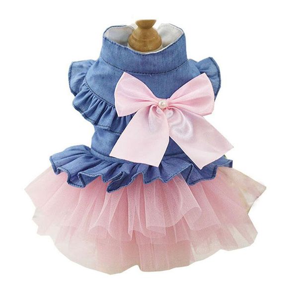 

dog apparel dress pet puppy bowknot tutu small cat lace skirt princess summer denim clothes for chihuahua