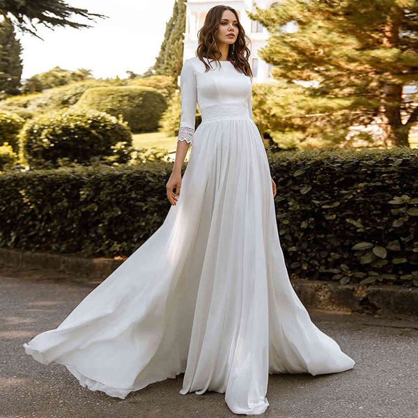 

satin and chiffon bridal gowns 2021 elegant three quarter sleeve o-neck a-line wedding dress vestido de noiva, White
