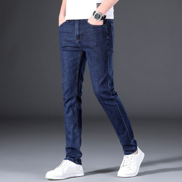

summer jeans men's slim fit straight elastic pants, Blue
