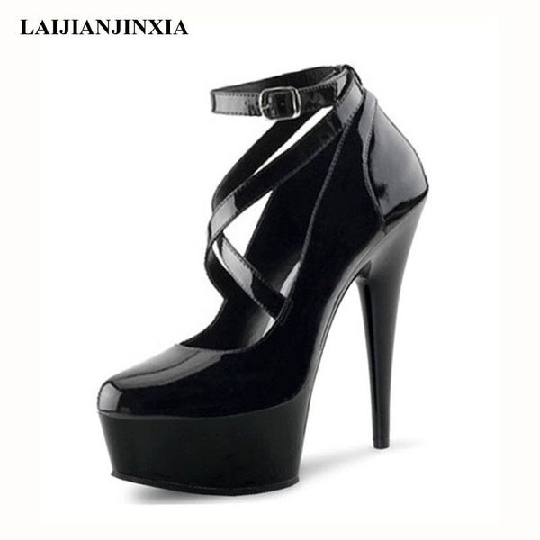 

dress shoes women big size 35-46 summer round toe pumps 15cm thin high heels platform ankle straps dance wedding, Black
