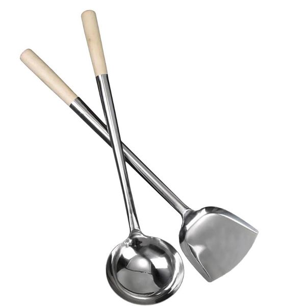 

dinnerware sets 2pcs long handle shovel spoon set stainless steel cooking spatula for home (spatula + spoon)