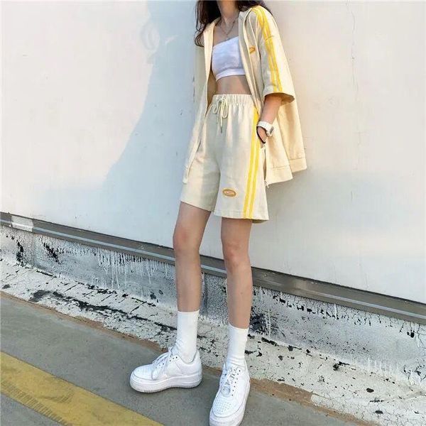 

women's t-shirt [cotton] summer fashion sports suit female student short-sleeved shorts loose two-piece beige, White