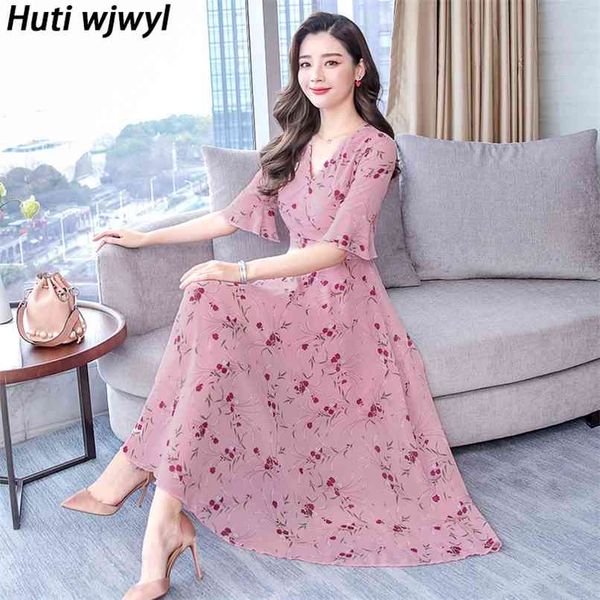 

3xl plus size floral chiffon elegant sundress summer casual boho beach long dress vintage print women bodycon maxi vestidos 210528, Black;gray