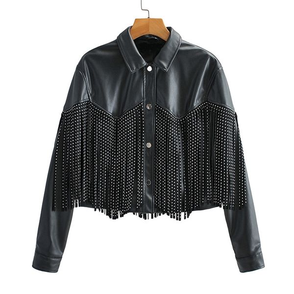 

ftlzz autumn winter tassel rivet faux leather short jackets women loose moto bike soft pu coat single breasted outwear 211215, Black