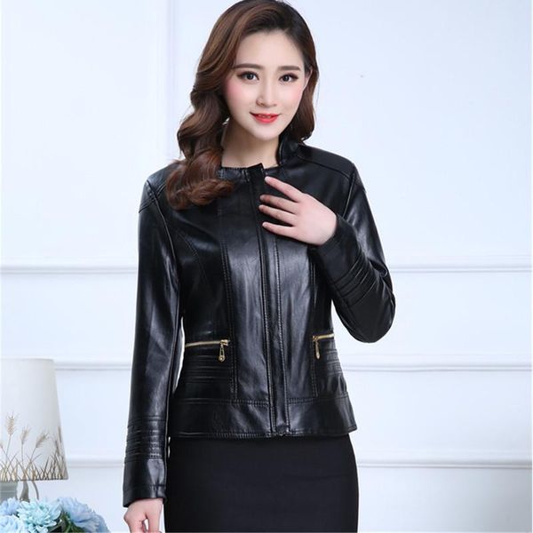 

women's leather & faux uhytgf spring autumn jacket quality pu short coat elegant washed loose 6xl plus size 323, Black
