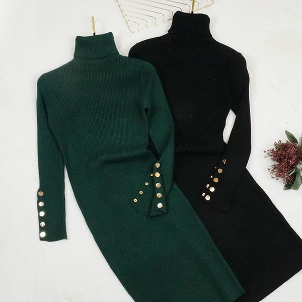 

women autumn winter button dress long sleeve knitted slim dresses female ladies turtleneck sweater elastic knit vestidos, Black;gray