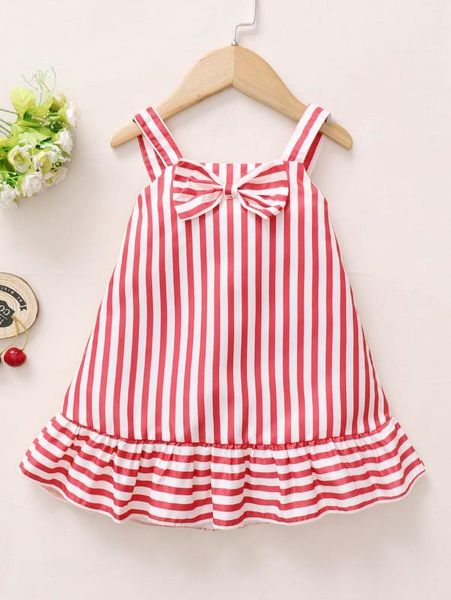 

baby striped bow front ruffle hem cami dress she, Red;yellow