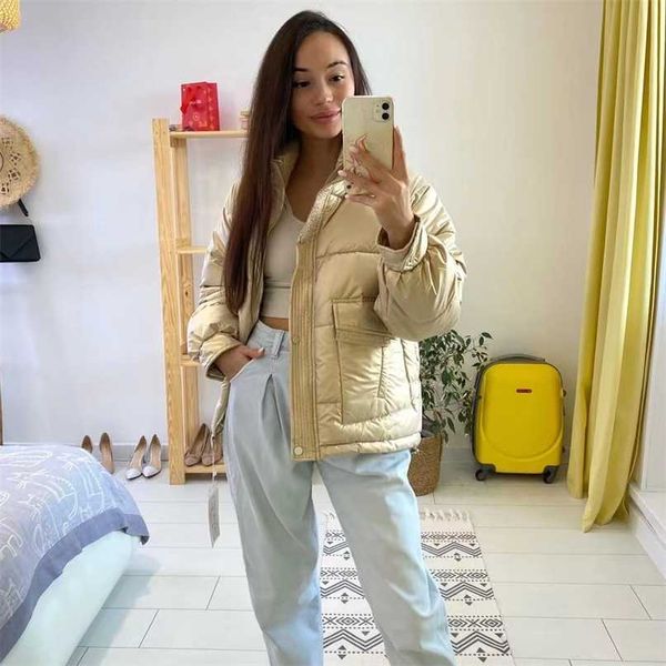 

bright leather cotton jacket down winter loose drawstring stand collar thickened short bread 211008, Black