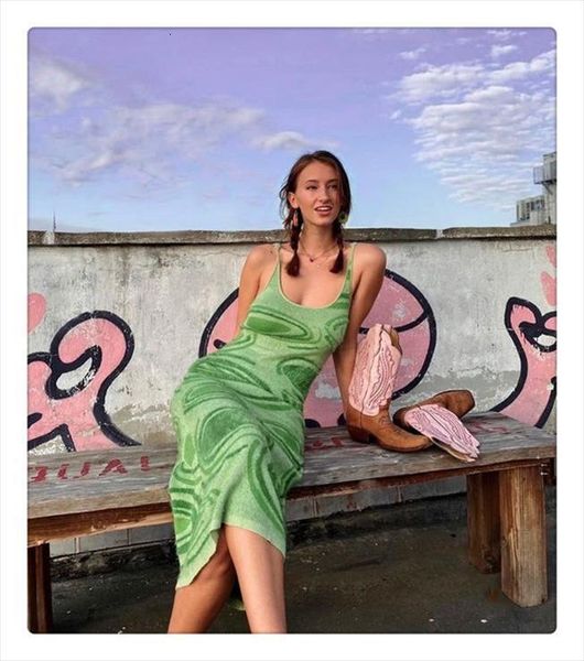 

summer print knit bodycon green womens dresses y2k hollow out sleeveless spaghetti strap beach midi party, Black;gray