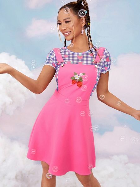 

strawberry print overall dress & gingham print l9rn#, White