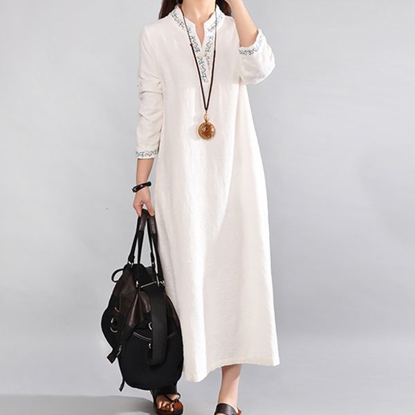 

casual dresses vintage women shirt dress plus size cotton linen long 3/4 sleeve white v neck ladies zfkt, Black;gray