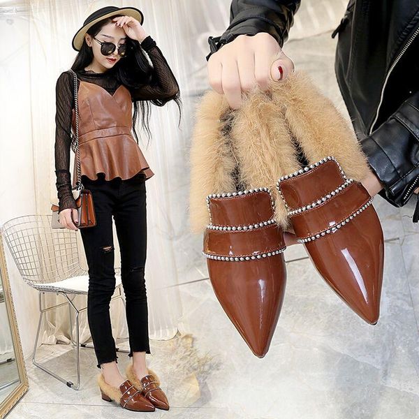 

boots pointy hair shoes female winter doudou patent leather low heel british style fashion, Black