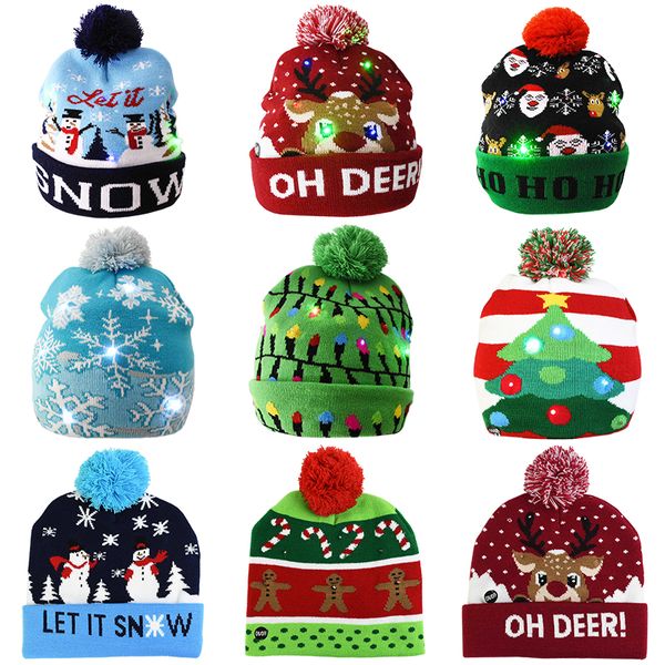 Weihnachtsmützen, Pullover, Weihnachtsmann, Elch, gestrickte Mütze mit LED-Leuchten, Cartoon-Muster, Weihnachtsgeschenk für Kinder, Neujahrszubehör, kostenloses DHL-Schiff HH7-1552