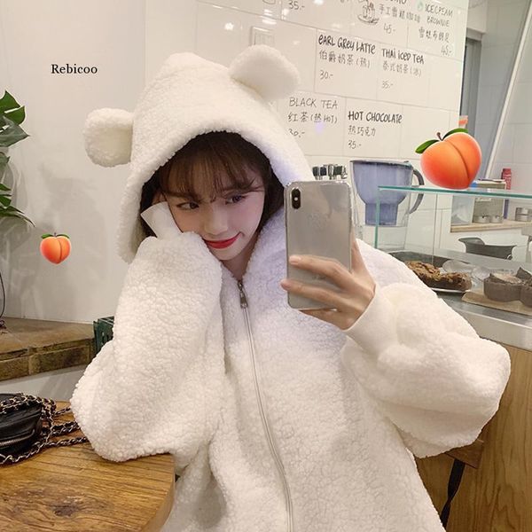 

women's jackets sweet little bear ear furry hooded jacket winter keep warm white plush coat female korean style leisure sweatshirt, Black;brown