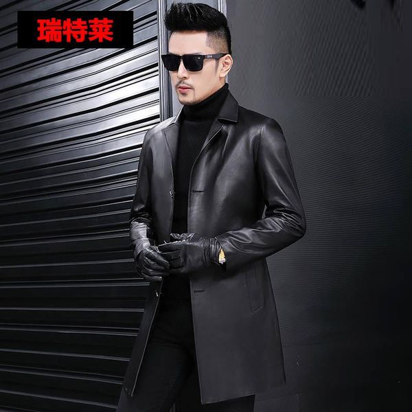 

men's leather & faux coat haining sheep skin medium length windbreaker slim down jacket suit collar, Black