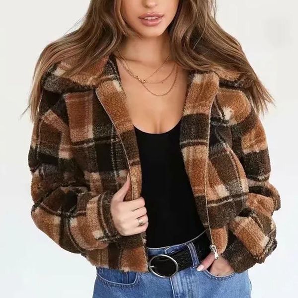 

women's jackets 2021 lamb wool coat american large loose zipper lapel khaki short plaid jacket, Black;brown