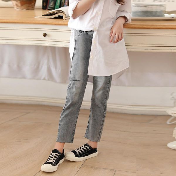 

jeans gray color ripped capri for girls autumn teen trousers elastic waist casual pants, Blue