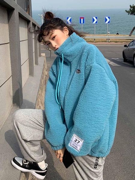 

women's jackets autumn and winter korean version of imitation lamb wool warm jacket women 2021 loose versatile thick mid-length, Black;brown