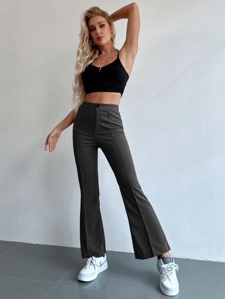 

seam front high waist flare leg pants r5vb#, Black;white