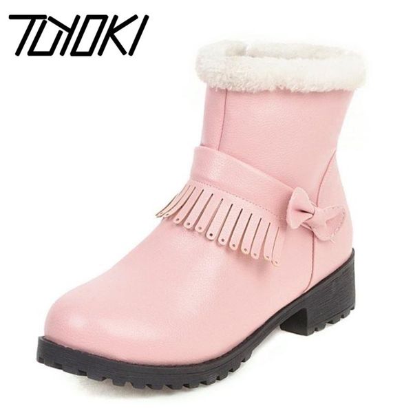 

boots tuyoki size 32-43 women ankle round toe butterfly zipper shoes plush fur winter warm party footwear, Black