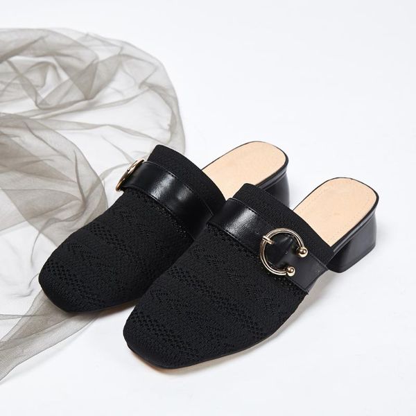 

slippers 2021 spring summer breathable mesh sandals and fashion square head flying woven ladies women shoes, Black