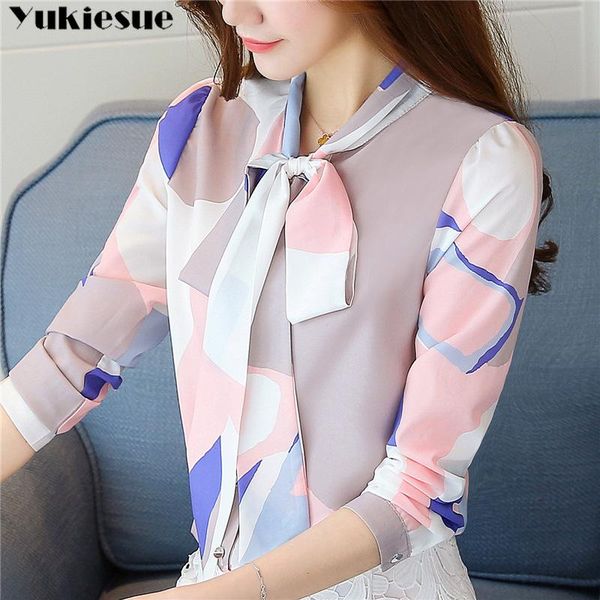 

women's blouses & shirts fashion woman 2021 blouse shirt chiffon long sleeve print bow bluasas womens and plus size, White