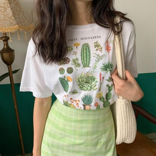 

women's t-shirt harajuku plant cactus letter printed summer o-neck short sleeve white pullover tee loose casual y2k shirts mrtt
