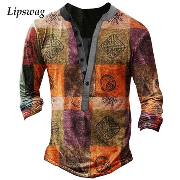 

casual mens t-shirts spring autumn vintage plaid printing long sleeve men tee shirt fashion loose buttoned v-neck pullovers 220304, White;black
