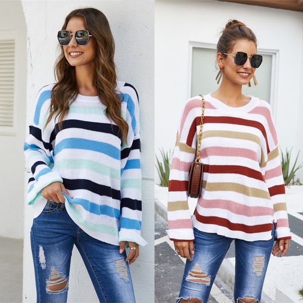 

fall 2021 new large women's loose striped stitched knitted sweater, White