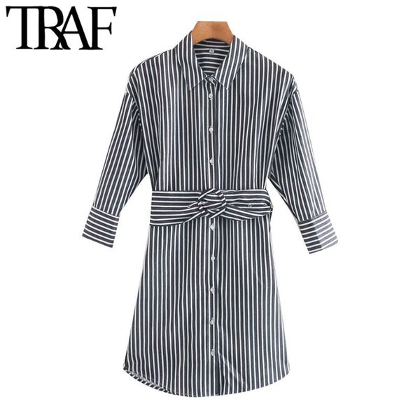 

traf women chic fashion with belt striped loose mini shirt dress vintage three quarter sleeve female dresses mujer 210415, Black;gray