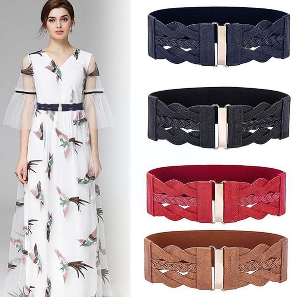 

belts women elastic vintage wide waist belt buckle fashion red black leather ladies pu wild drop braided wais w5m5, Black;brown