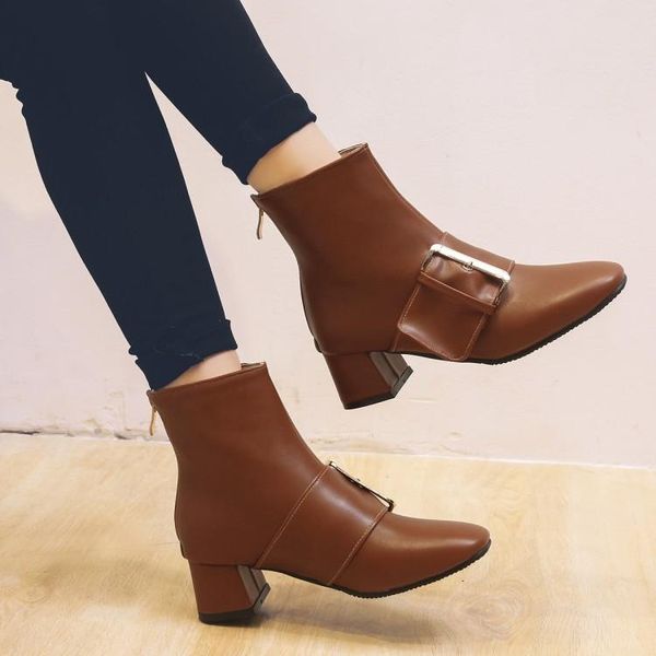 

boots plus size european and american style square head, thick heel, high zipper, metal belt buckle, Black