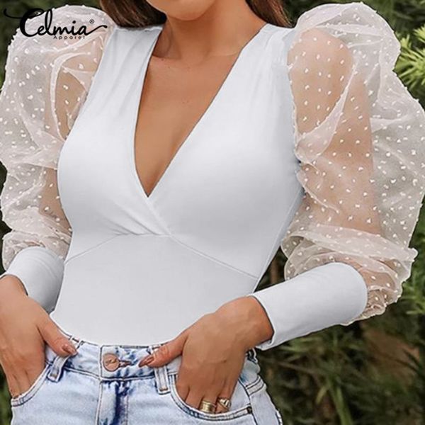 

celmia women blouses 2021 summer see-through mesh sheer dot shirts puff long sleeve v neck casual blusas plus size 5xl, White