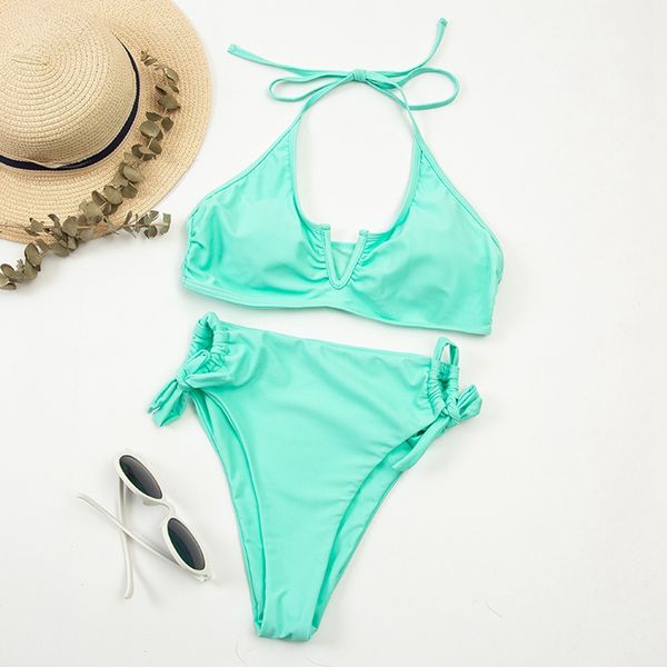 

bikini women 2021 new high waist swimsuit female v-neck push up swimwear solid bathing suit summer beach wear swimming suitswimwear bat