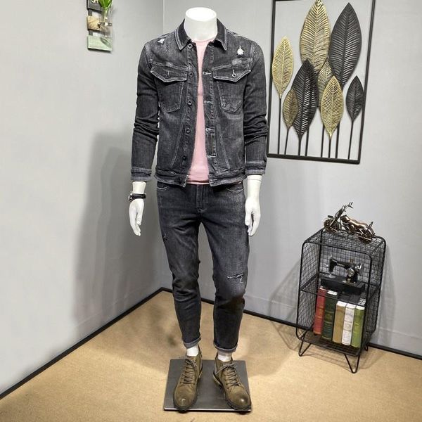 

men's jackets vintage cargo coats hole ripped mens denim jacket streetwear slim fit casual outerwear spring long sleeve jean bikers, Black;brown
