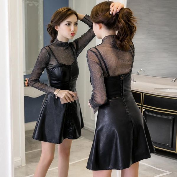 

casual dresses 2021 spring and summer style night shop women's perspective two sets of pu waist thin a word dress, Black;gray