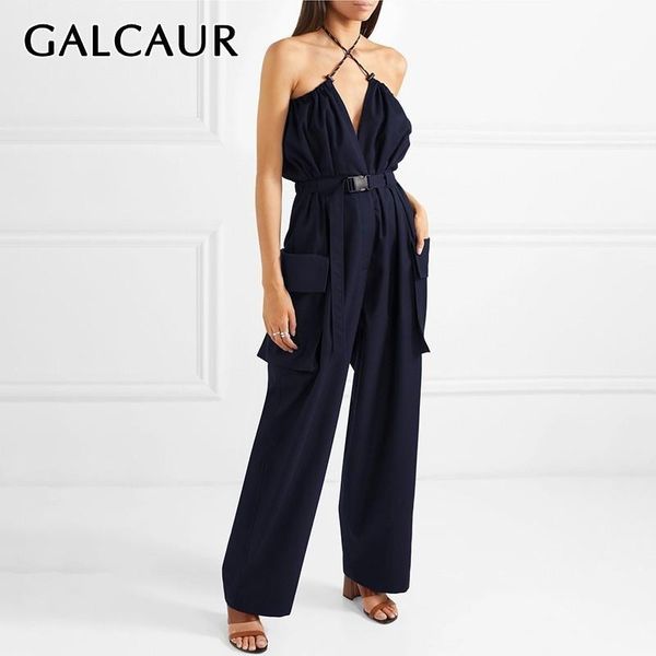 

women's jumpsuits & rompers galcaur solid sleeveless jumpsuit for women halter backless bandage high waist with sashes pants female fas, Black;white