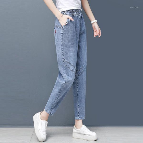 

women's jeans casual gray elastic waist pencil women streetwear high denim harem pants vintage washed ankle-length female, Blue