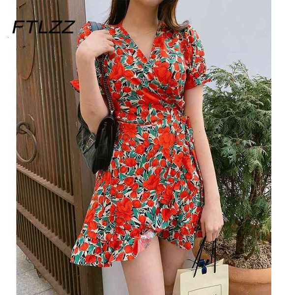 

2021 new summer korean tulips floral printed women v neck ruffles es ladies short sleeve beach boho b20j, Black;gray