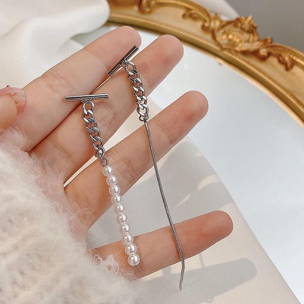 

south korean temperament web celebrity retro asymmetrical chain tassel long pearl s925 silver needle earrings stud, Golden;silver