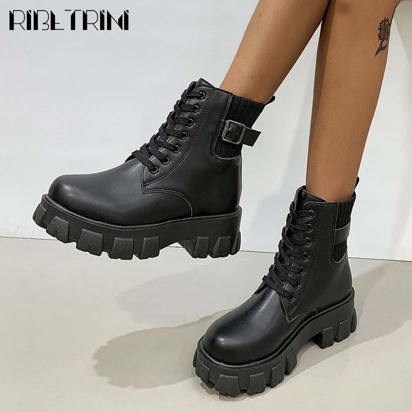 

boots arrival female solid platform lace up ankle shoes women fashion cool chunky heel design boots, Black