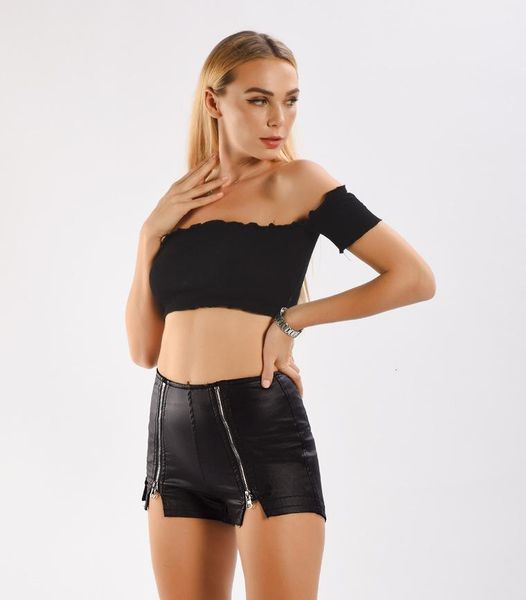 

women's shorts faux pu leather front zipper women high waist stretch fit girl club party outfit uniform, White;black