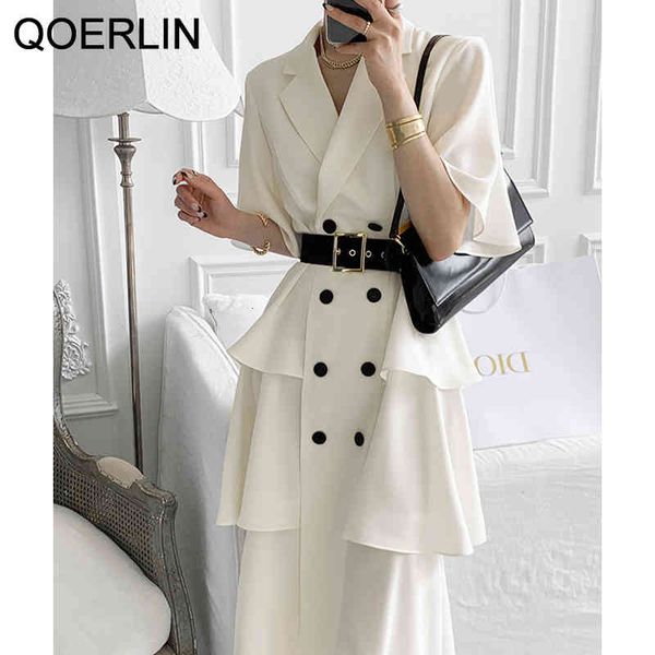 

dresses tiered ruffles white women double-breasted button office ladies elegance short sleeve lapel belted vestidos mujer, Black;gray