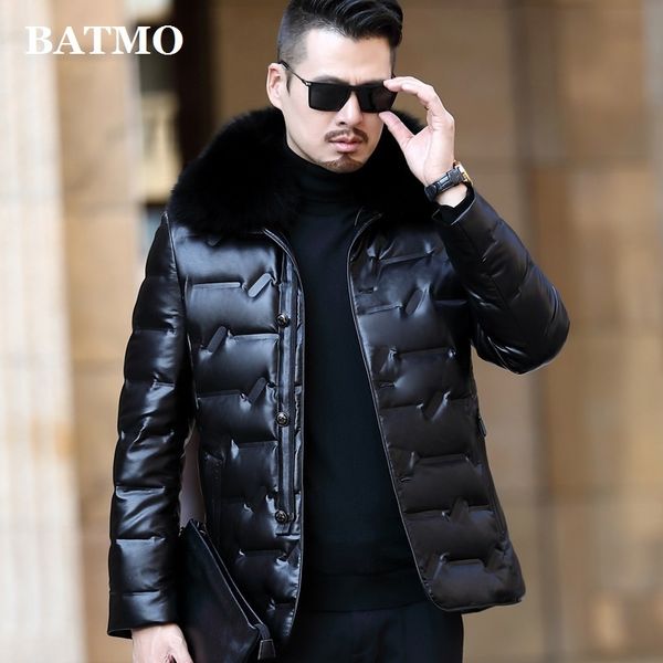 

Batmo 2020 arrival winter high quality 90% white duck down fox fur collars jackets men,men's LEATHER coat 803, Black