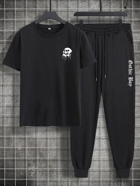 

romwe guys skull letter graphic tee & drawstring sweatpants u4wm#, Gray