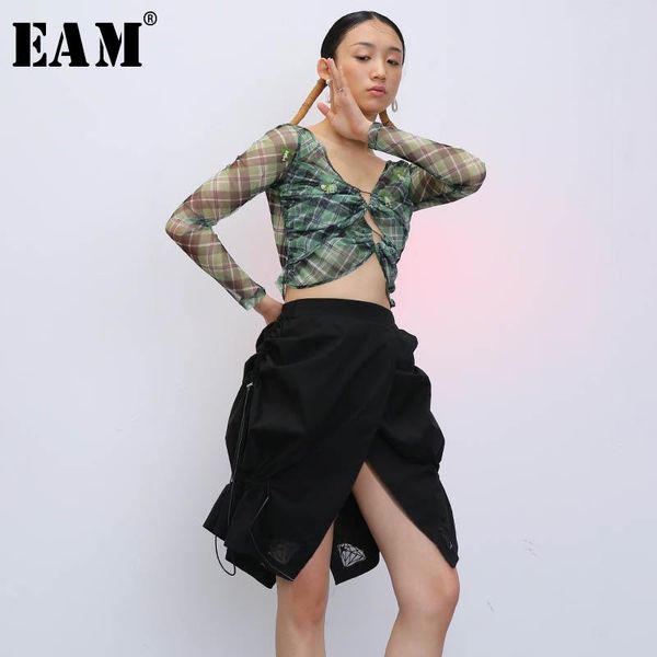 

skirts [eam] high waist black asymmetrical drawstring temperament half-body skirt women fashion tide spring autumn 2021 1t914